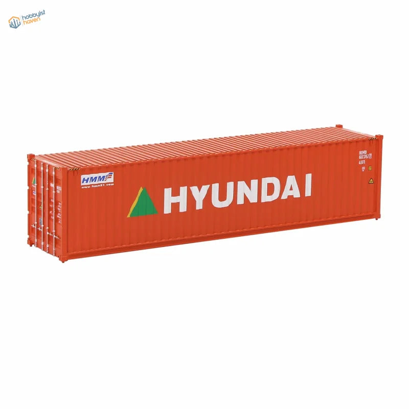 HO scale train model: orange Hyundai shipping container with white lettering