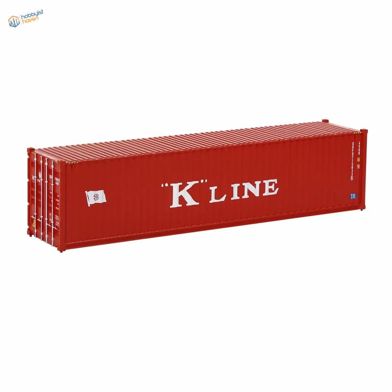 HO scale train model red K Line shipping container with white lettering