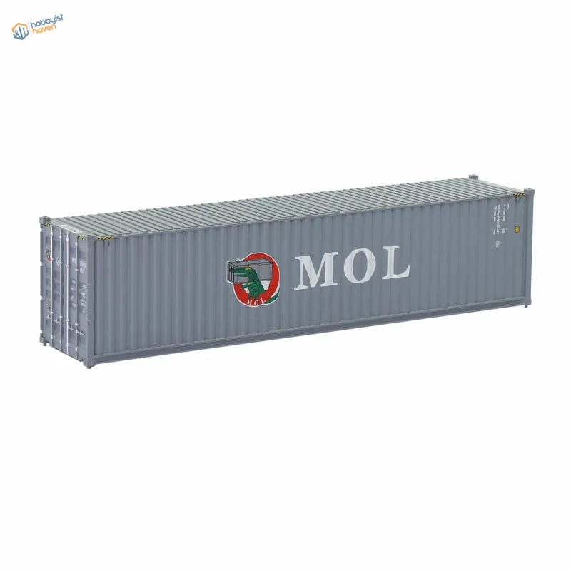 HO scale train model gray shipping container with red green white logo