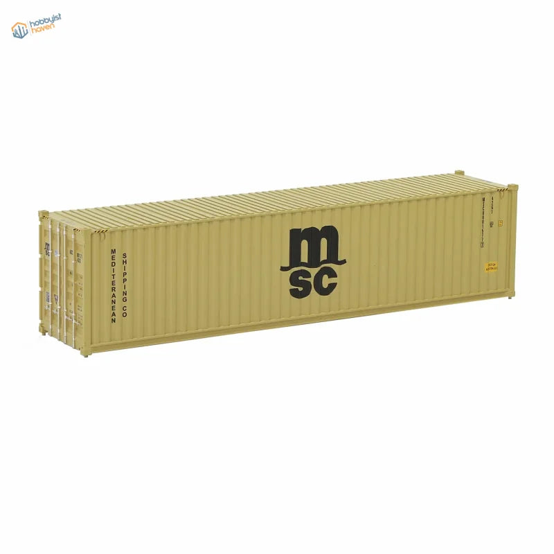 HO scale train model beige MSC shipping container with Mediterranean Shipping Co. logo