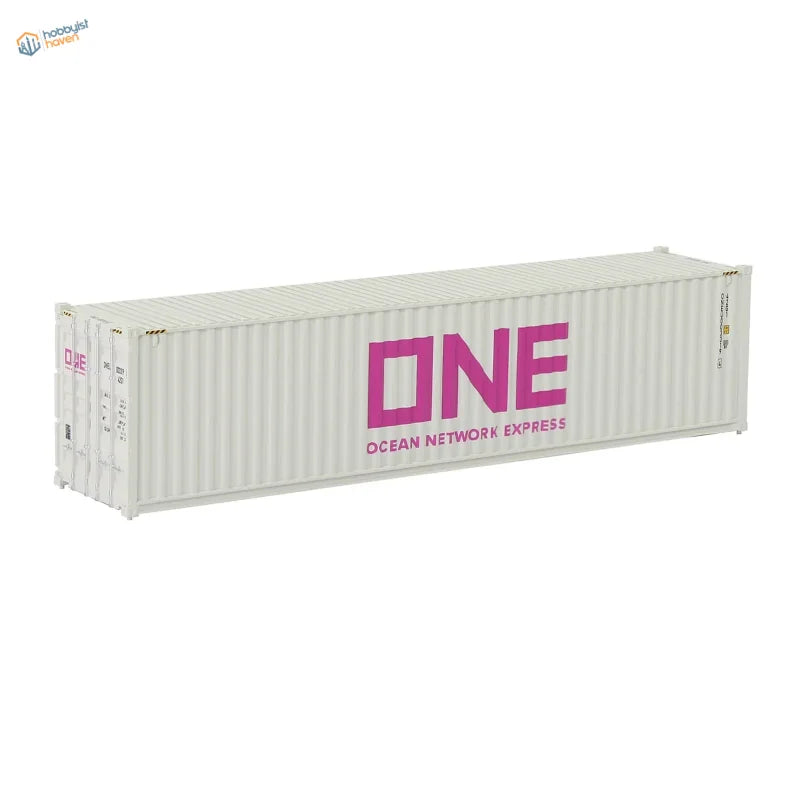 HO scale train model white shipping container with One Ocean Network Express pink branding
