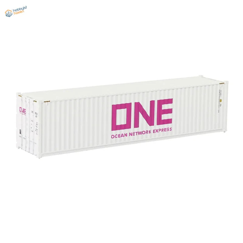 HO scale train model white shipping container with One Ocean Network Express pink branding