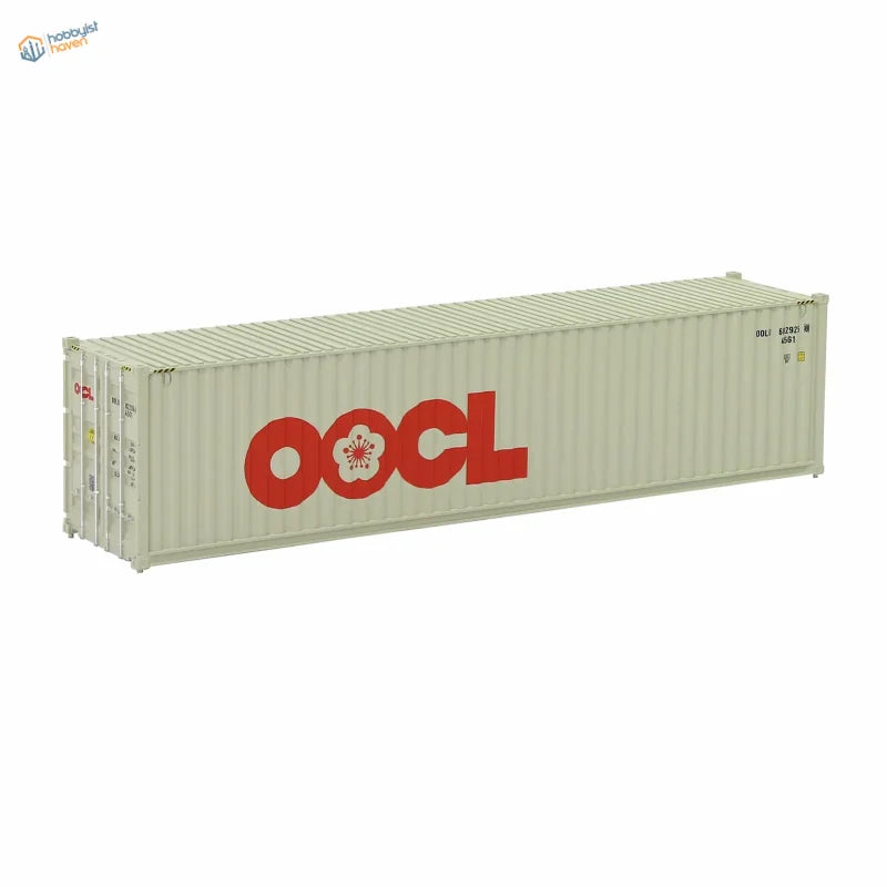 HO scale train model: cream-colored OCL shipping container with red logo