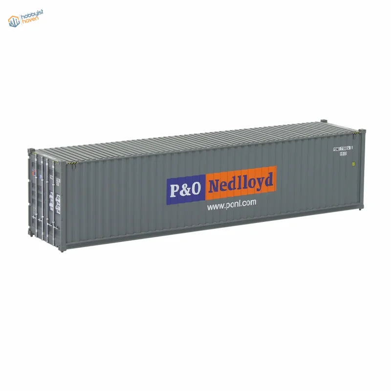 HO scale train model: gray P&O NedLloyd shipping container with blue orange branding