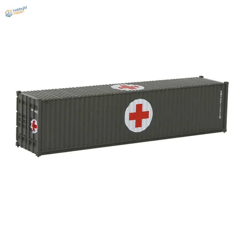 HO scale train model dark gray shipping container with red cross emblem