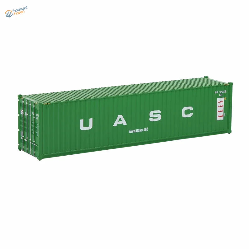 HO scale train model green shipping container with white lettering