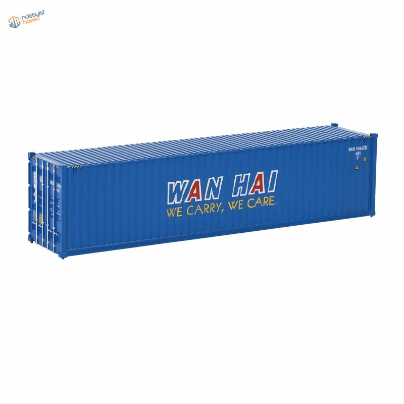 HO scale train model: blue Wan Hai shipping container with white, red lettering