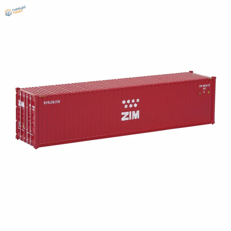 HO scale train model red Zim shipping container with white logo and star