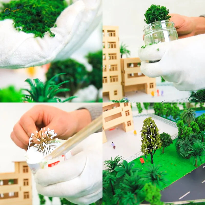 HO scale tree powder in glass jar with green foliage held by white gloves for railroad scenery