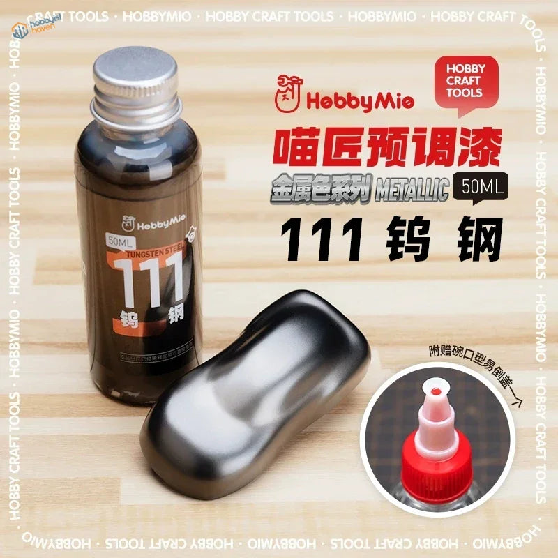 50ml bottle of Hobby Mio oil-based metallic tungsten steel paint model 111 with silver cap for precision hobby tools