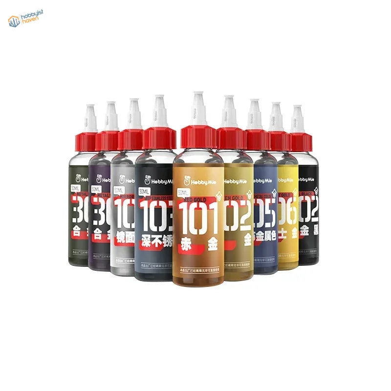 Set of ten 50ml hobby mio oil-based metallic paints in assorted colors with red caps and white nozzles for precision hobby tools