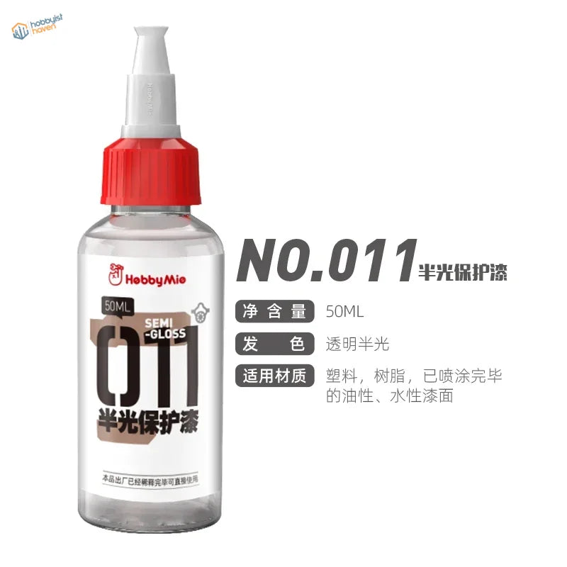 A clear plastic bottle with red cap and white spray nozzle hobbymie no 011 semi gloss protective coating for model building tools