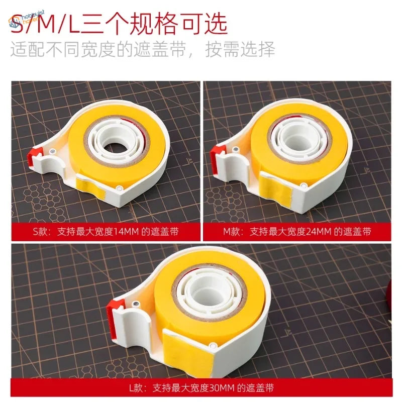 Yellow and white hobby mio individual masking tape cutter with a red tab to prevent tangled roll slows