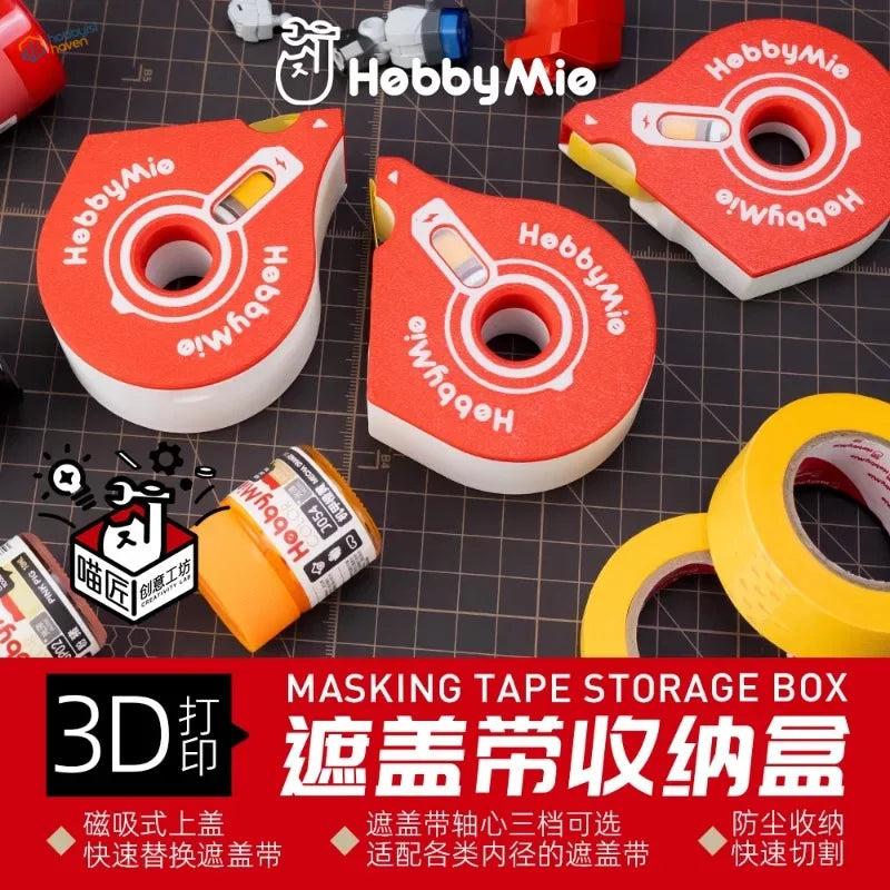 Red and white hobby mio individual masking tape cutter featuring a circular design to prevent tangled roll slows