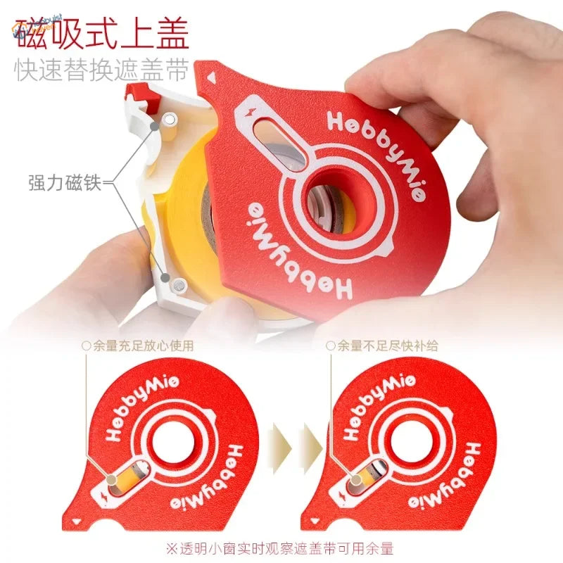 Red magnetic cover tape dispenser from hobby mio with white branding and yellow masking tape roll to prevent tangled roll slows