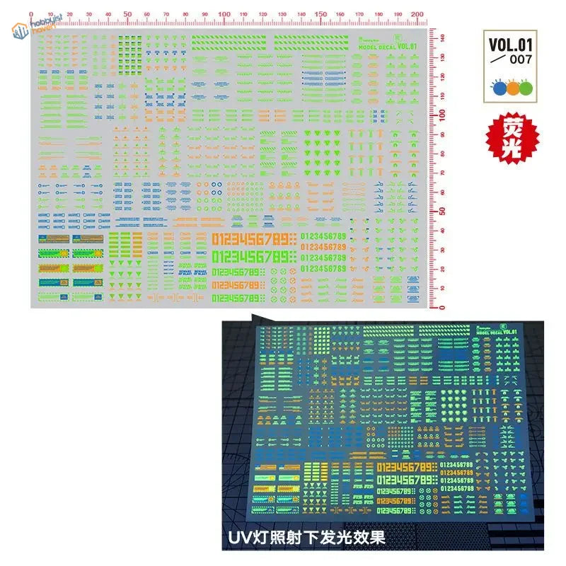 Hobby mio m10 water slide decals vol1 featuring glow-in-the-dark green, blue, and orange patterns for scale modeling tools