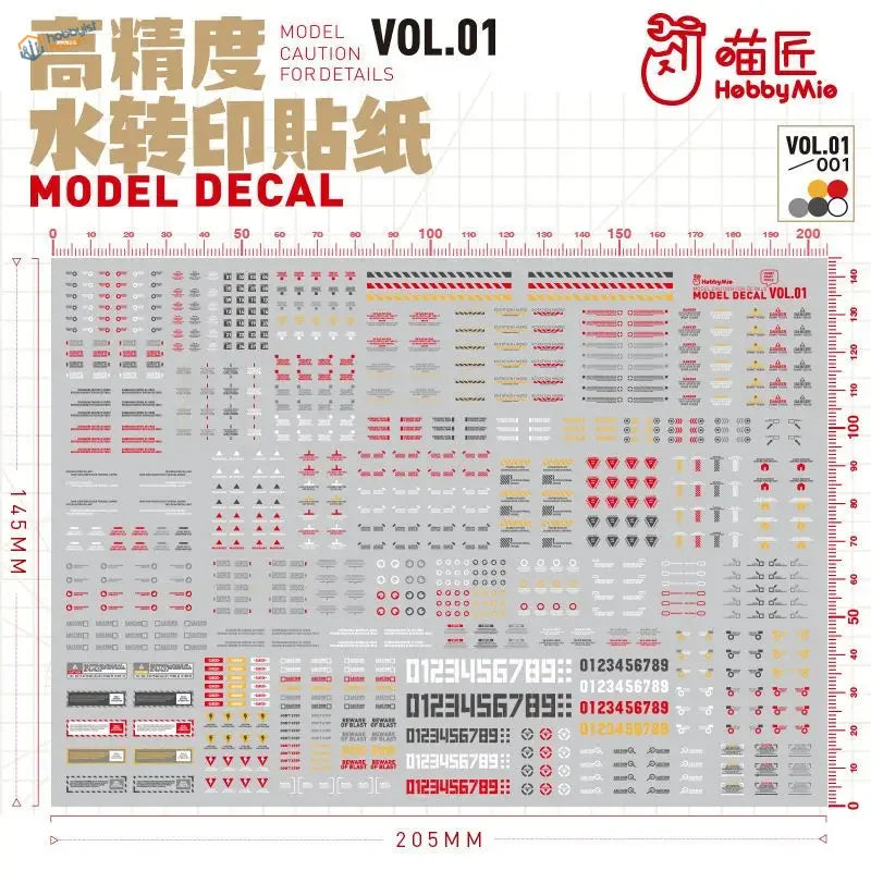 Hobby mio m10 water slide decals vol1 gray model decal sheet with intricate red white and black detailing for scale modeling tools