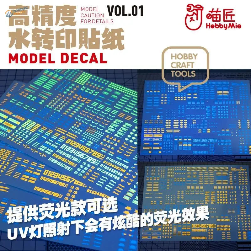 Hobby mio m10 water slide decals vol1 featuring blue sheets with green and yellow details for scale modeling tools