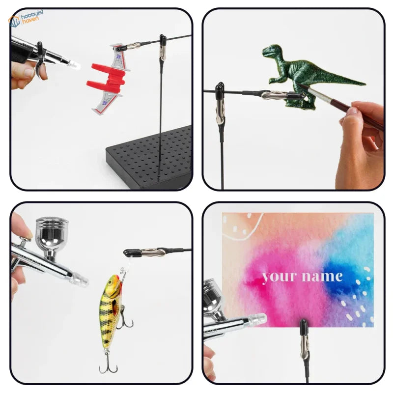 Silver airbrush sprayer held by 20 magnetic alligator clips