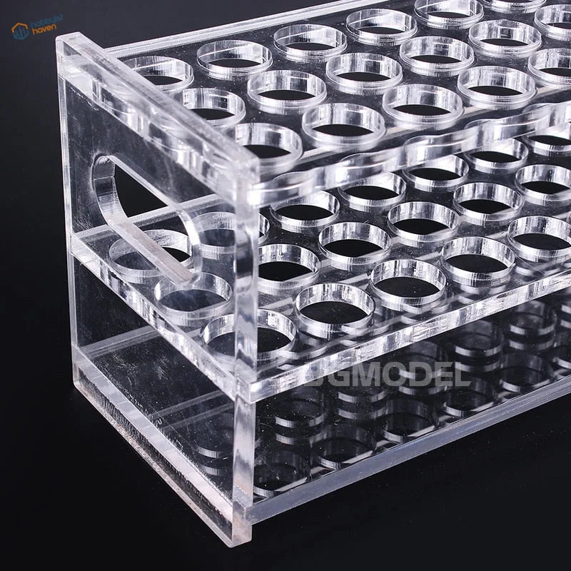 Clear acrylic holding shelf with 30 holes for scale modeling tools organized