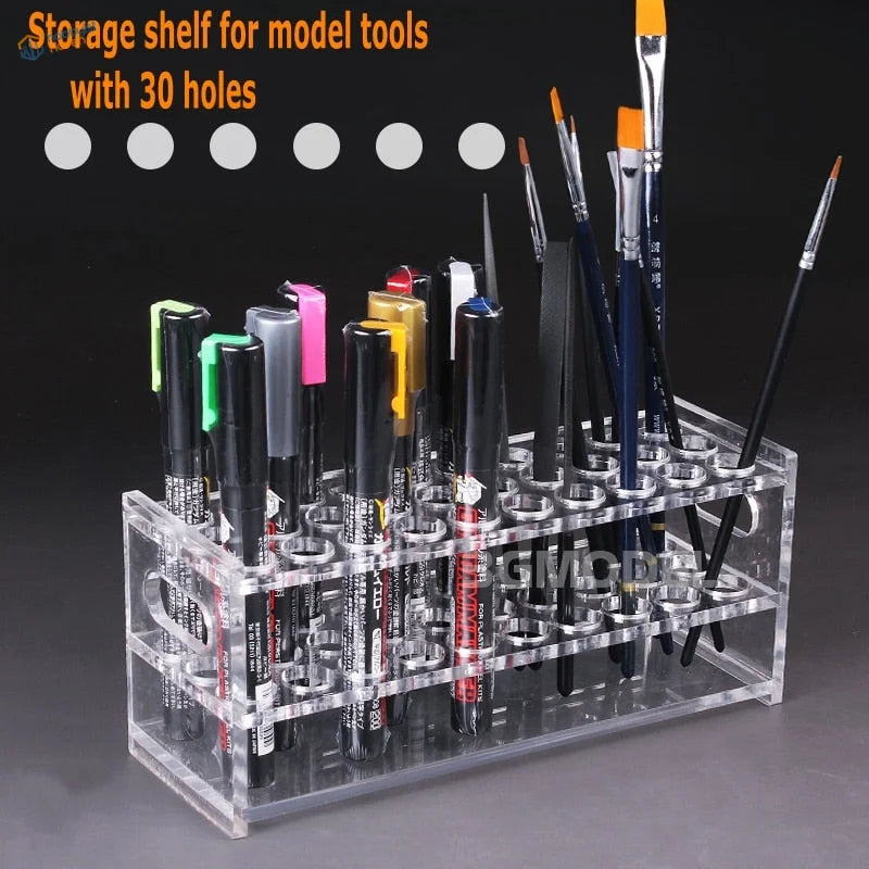 Clear acrylic holding shelf with 30 holes for scale modeling tools organized