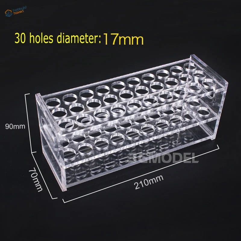 Clear acrylic holding shelf with 30 x 17mm holes for scale modeling tools organized
