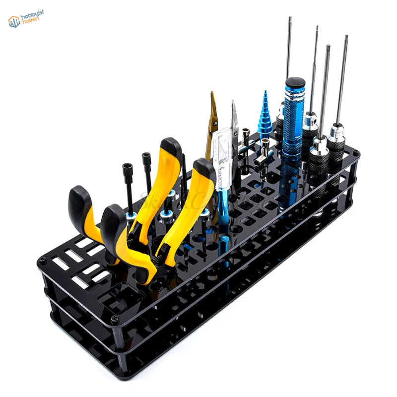 Black holding shelf with 63 holes organizing scale modeling tools