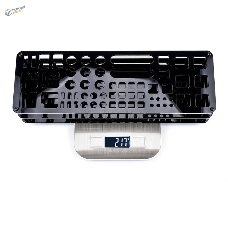 Black glossy holding shelf with 63 slots for tools organized, scale modeling tools
