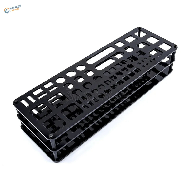 Black aluminum holding shelf with 63 holes for scale modeling tools organized