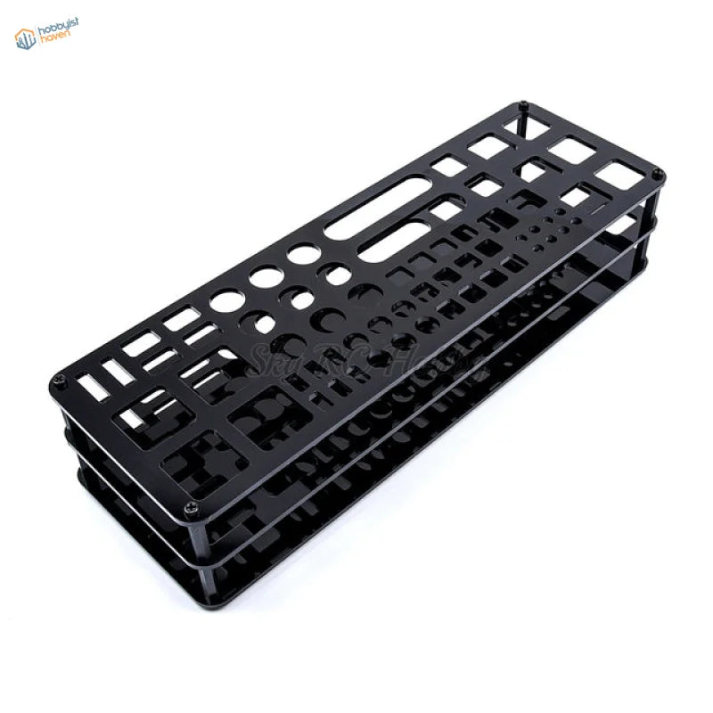 Black minimalist two-tiered holding shelf with 63 holes for scale modeling tools organized