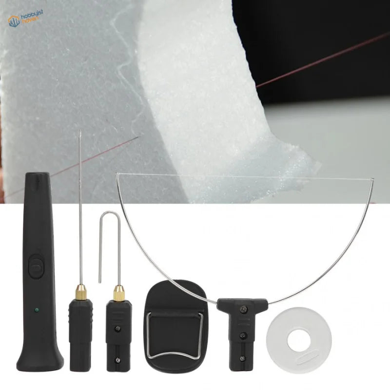 Black-handled electric thread cutter with curved blade for high density foam