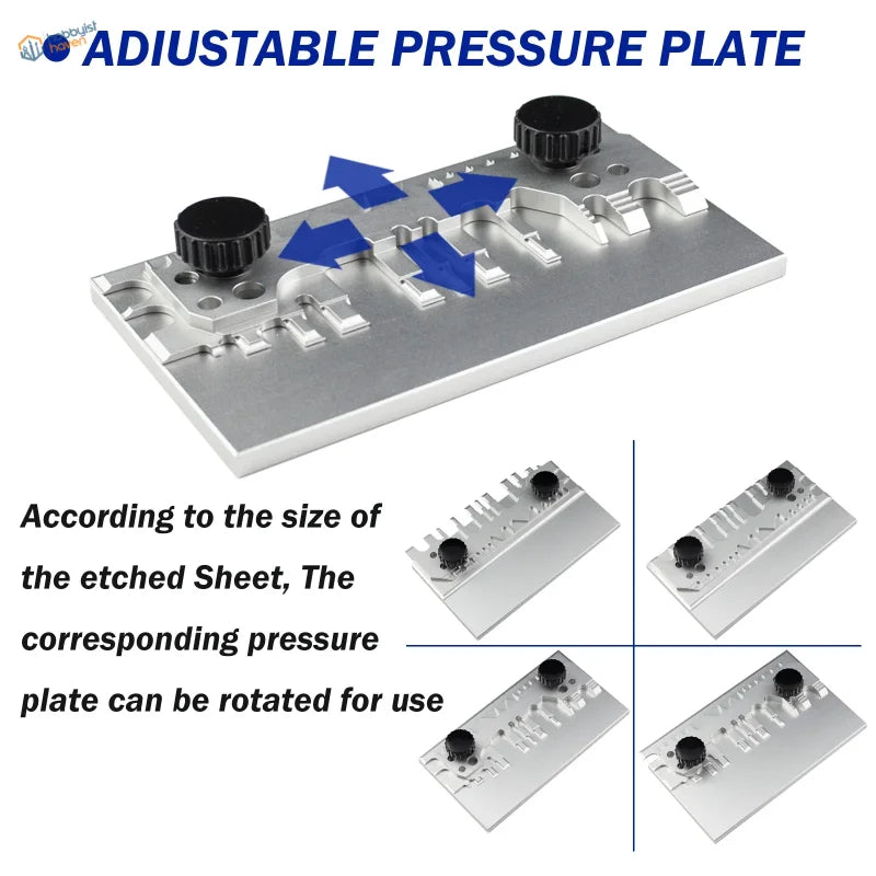 Silver adjustable pressure plate with black knobs and machined metal surface for precision bench vise etching by joystar