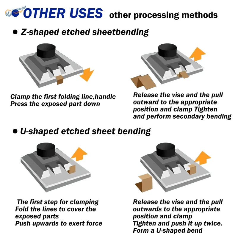 Joystar photo-etched parts bender with gray metal sheet and black press head demonstrating z and u-shaped bending techniques