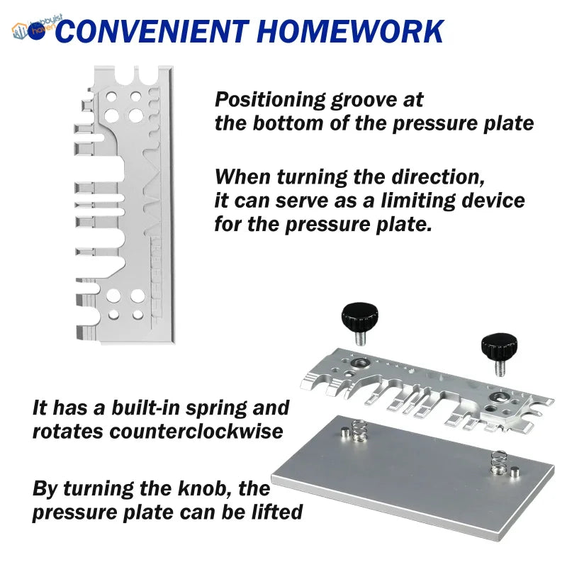 Silver metal pressure plate router table with adjustable knobs and grooves for precision bench vise control in Joystar bender