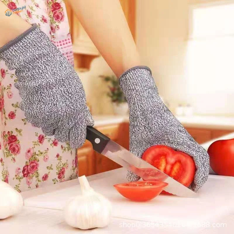 Level 5 HPPE anti cut gloves: gray knitted with reinforced fingertips
