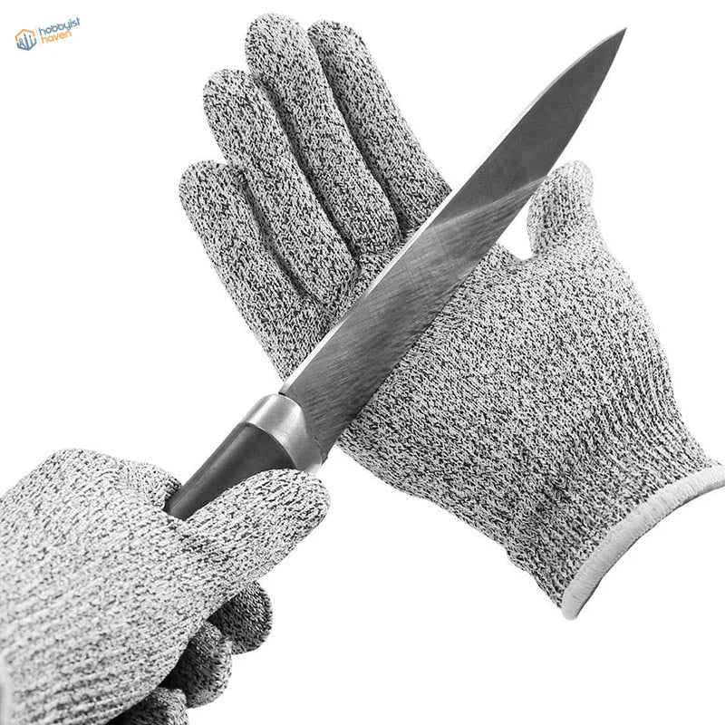 Level 5 HPPE anti cut gloves: gray knitted with speckled weave, reinforced fingertips