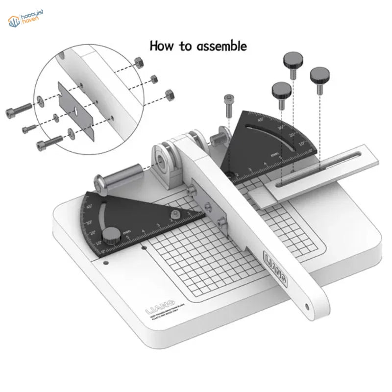 Liang angle cutting station with white plastic trimmer and black rulers