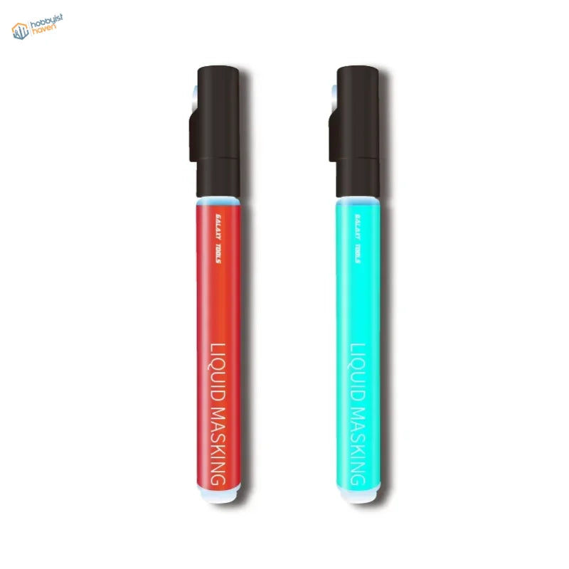 Two liquid masking pens in red and cyan with black caps
