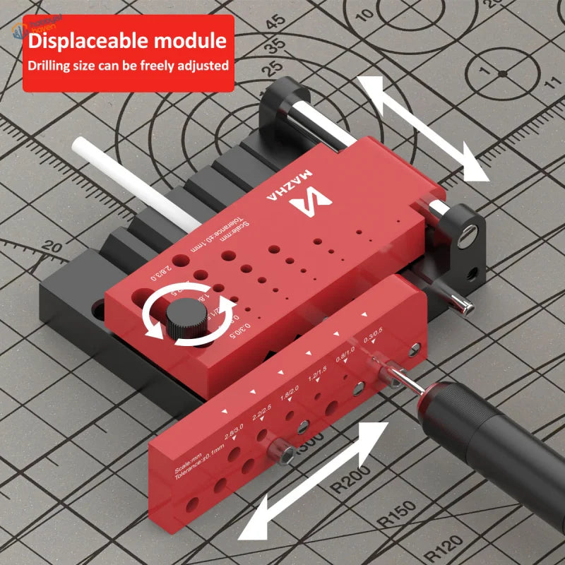 Red and black optimized positioning module for precise coaxial hole drilling