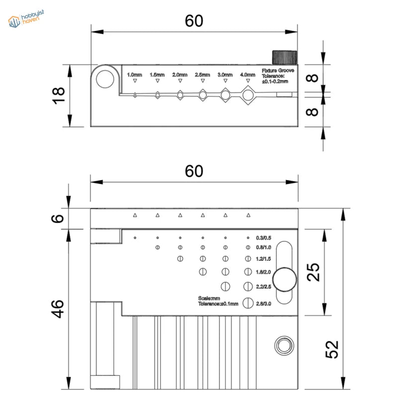 Technical drawing of optimized positioning module for coaxial hole drilling with labeled tolerances