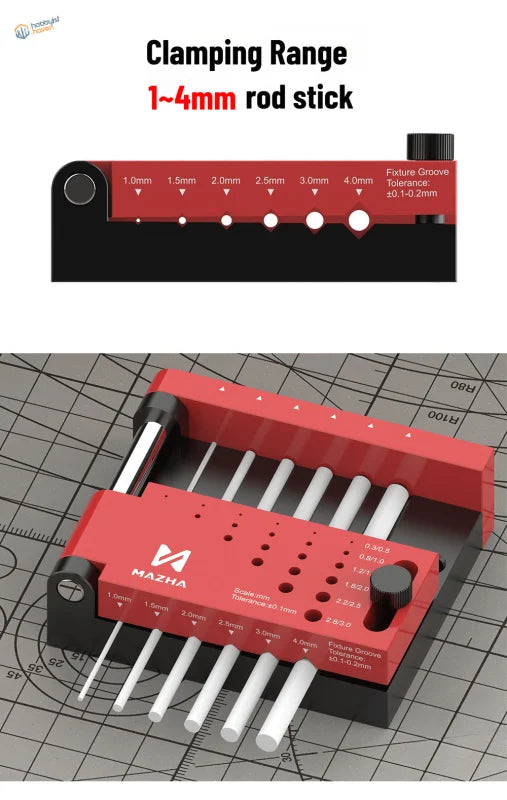 Red and black optimized positioning module with 1-4mm white rods for precise coaxial hole drilling