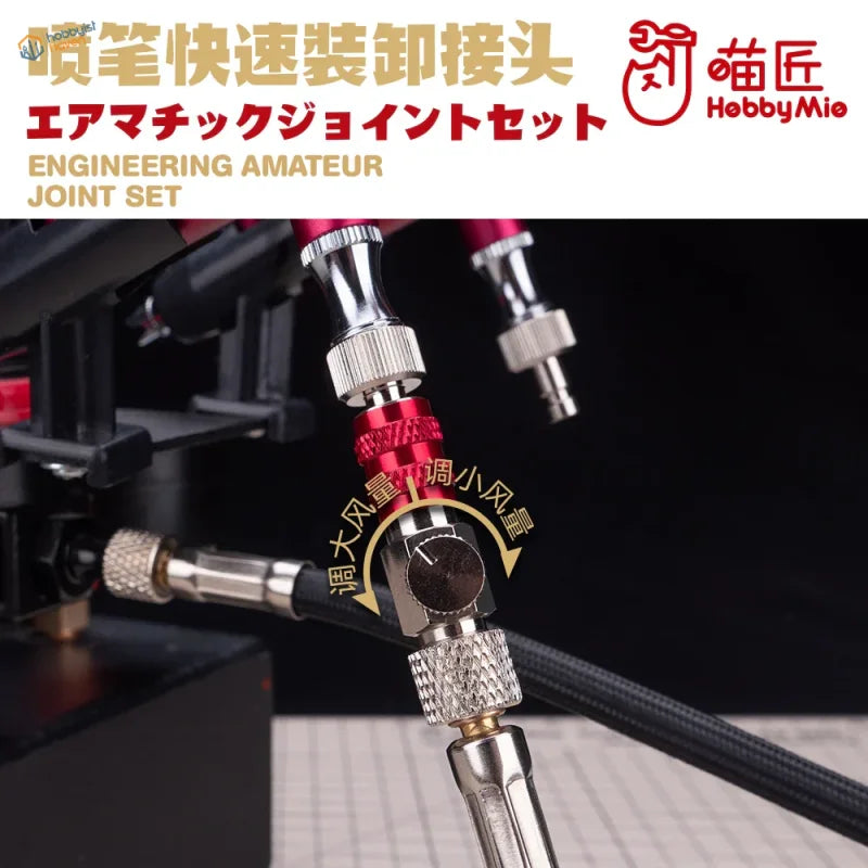 Red silver airbrush MAC valve quick disconnect adapter with knurled joint