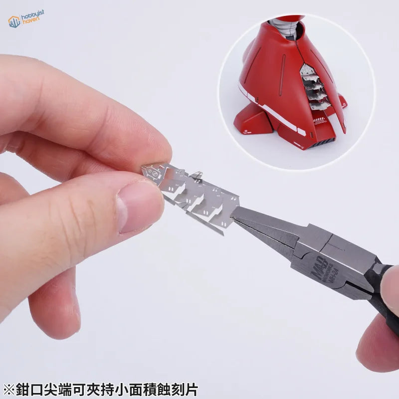 Silver metal model kit piece with intricate cutouts held by madworks flat nose bending pliers for precision hobby tools