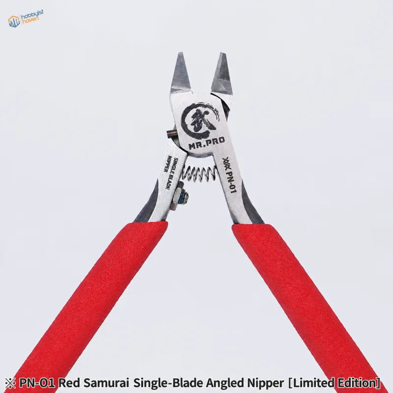 Red-handled mr.pro pn-01 angled nippers with single metallic blade for precision hobby tools in scale modeling and model building