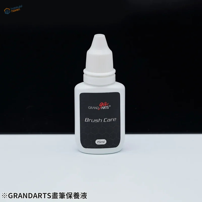 White plastic bottle with white dropper cap and black silver grandarts brush care label 15ml for precision hobby tools