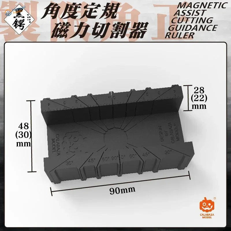 Magnetic angle cutting tool with black ruler and angled slots
