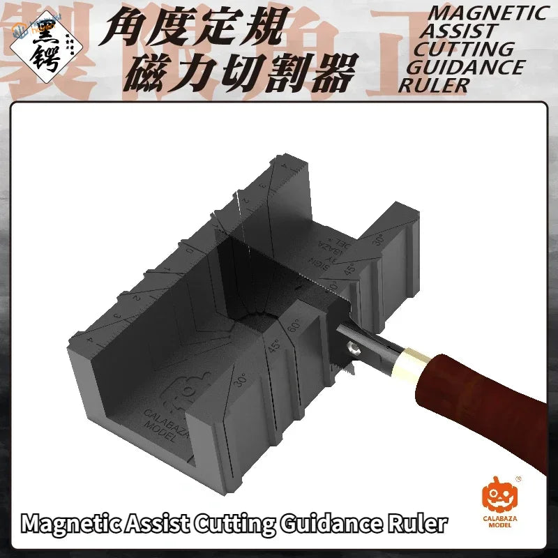 Magnetic angle cutting tool with black ruler, wooden handle, engraved markings