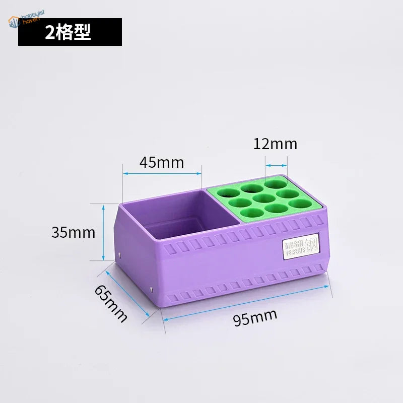 Purple glue holder with green silicone grid for scale modeling glue bottles