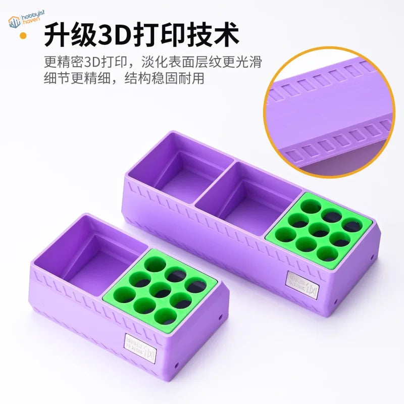 Purple green 3D printed glue holder rack for glue bottles scale modeling