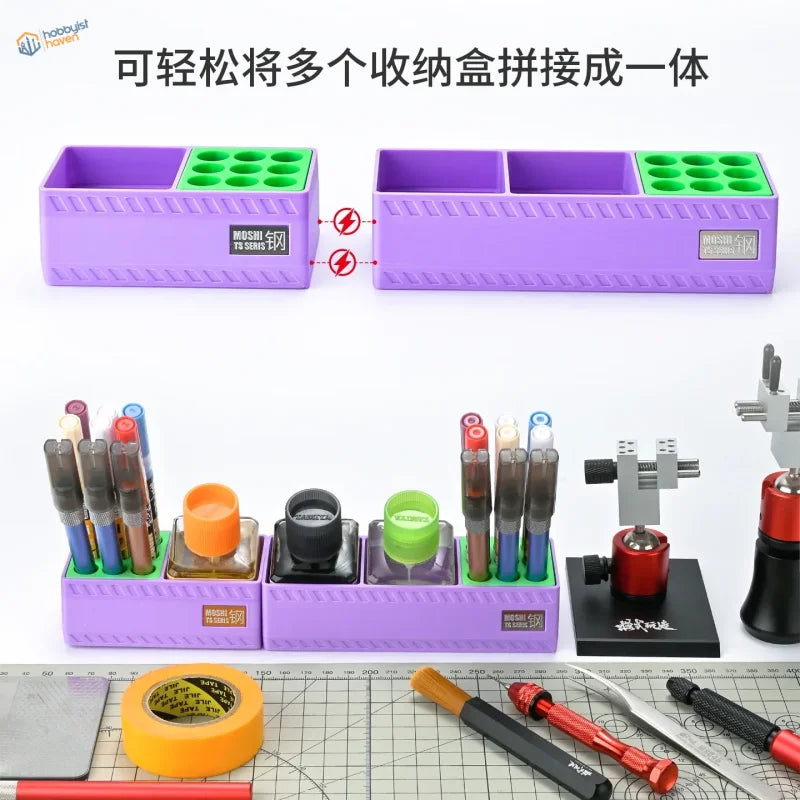 Purple glue holder boxes with green indents for scale modeling tools